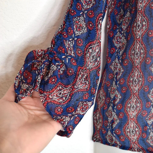 Lucky Brand Floral Crochet Peasant Blouse Sz M Crinkle Sheer Southwestern Boho - Picture 6 of 16